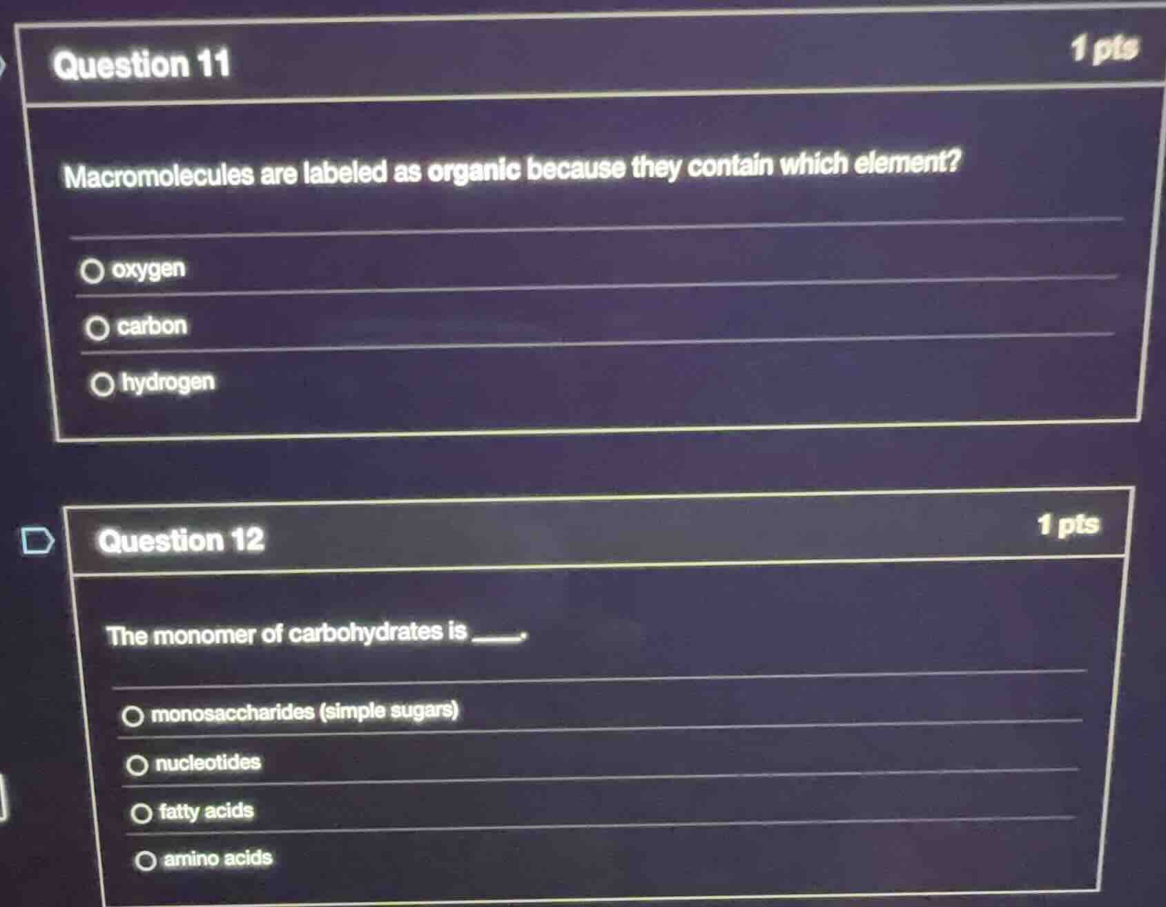 question 11 1 pts macromolecules are labeled as organic because they co…