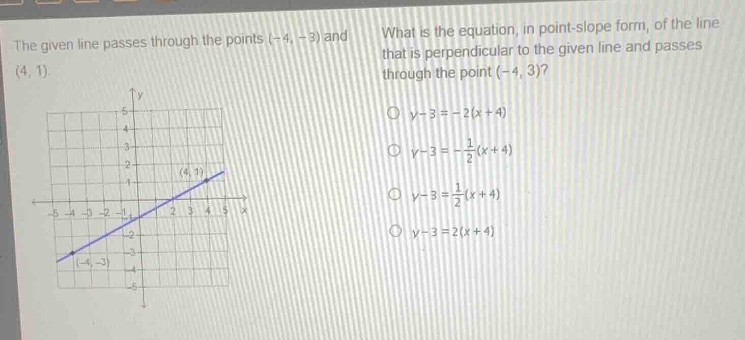 the given line passes through the points \\((-4, -3)\\) and \\((4, 1)\\…