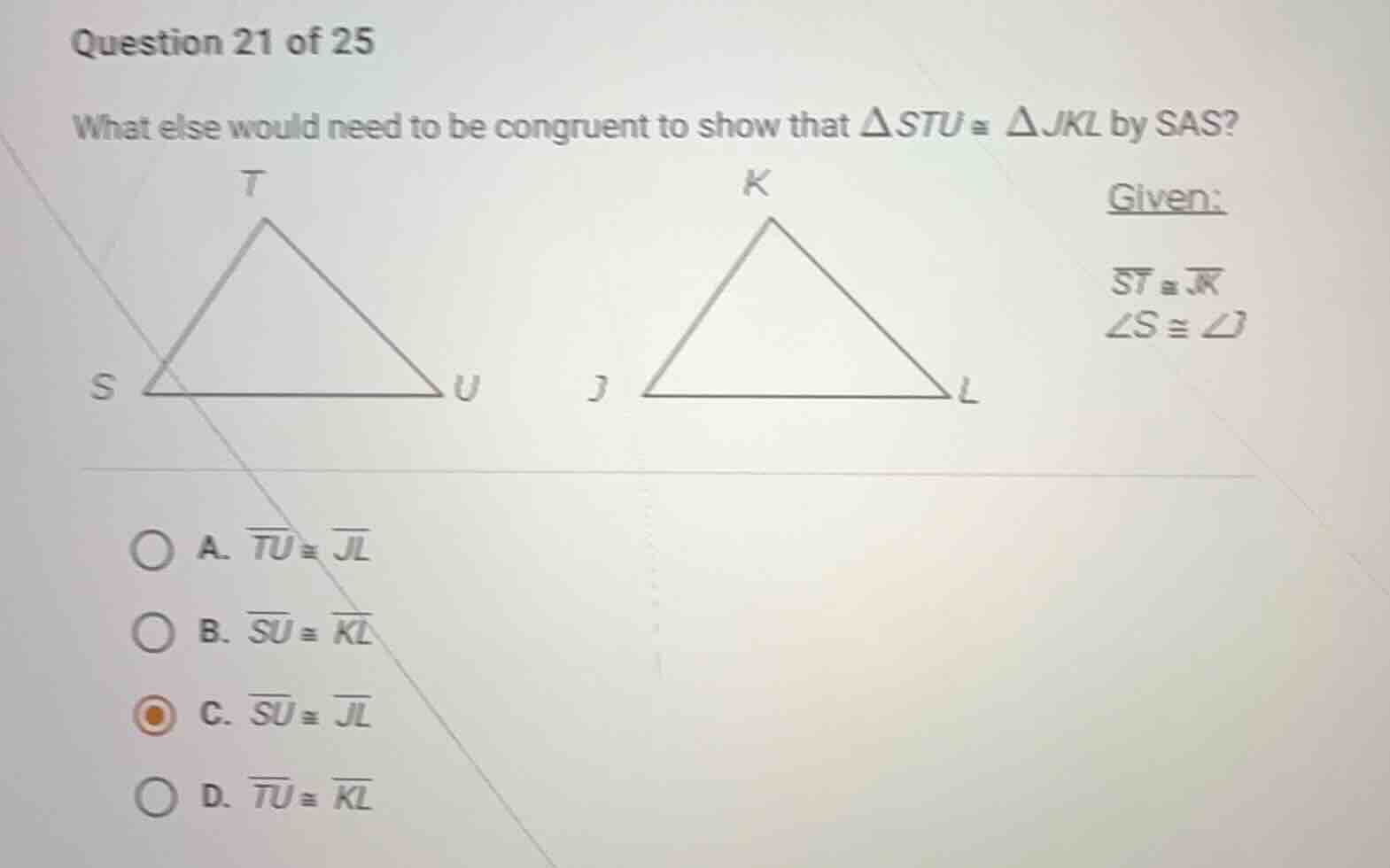 question 21 of 25 what else would need to be congruent to show that \\(…