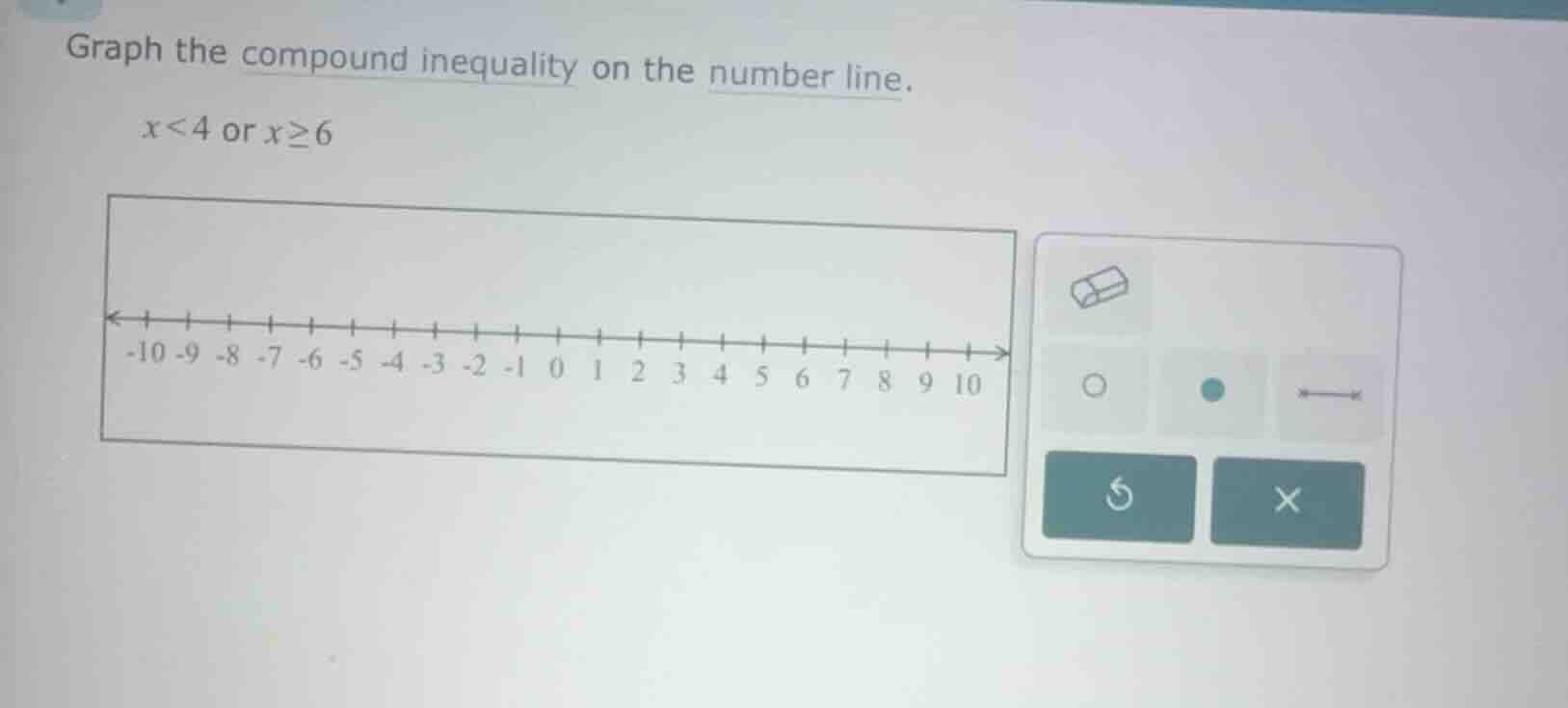 graph the compound inequality on the number line. (x < 4) or (x ge 6)