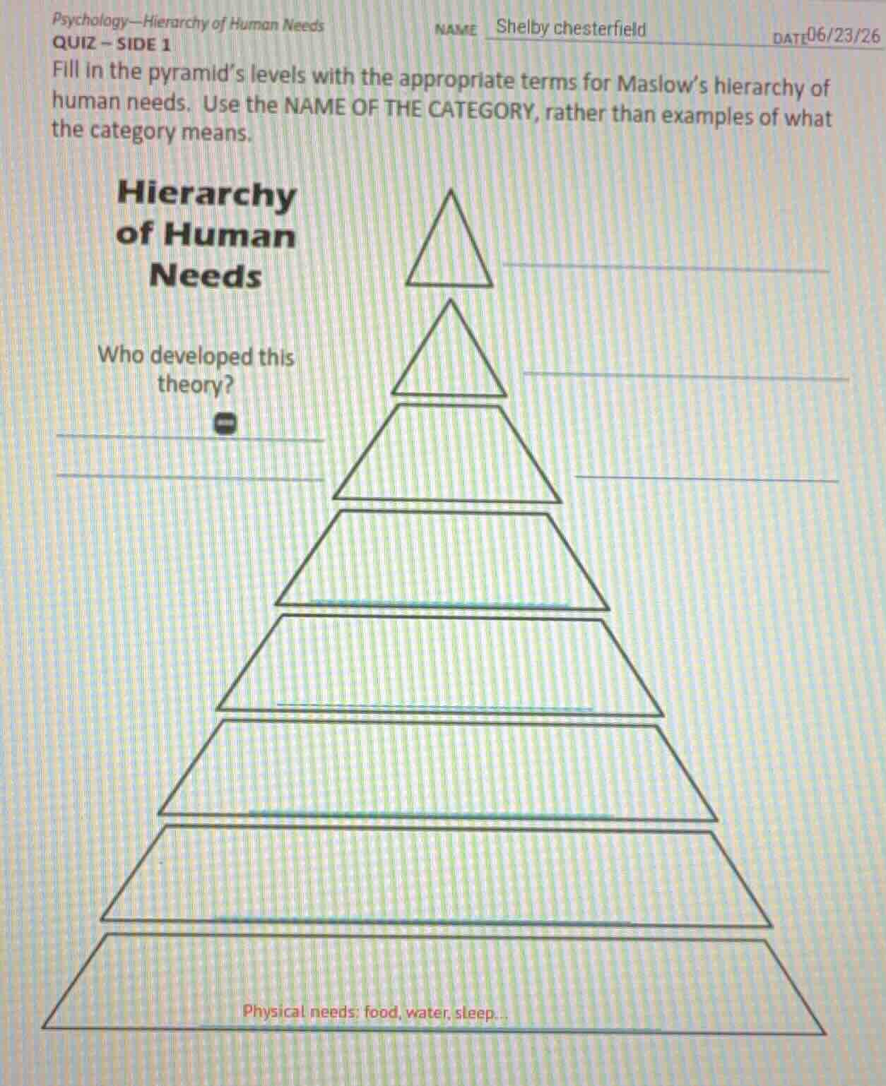 psychology-hierarchy of human needs quiz - side 1 name shelby chesterfi…
