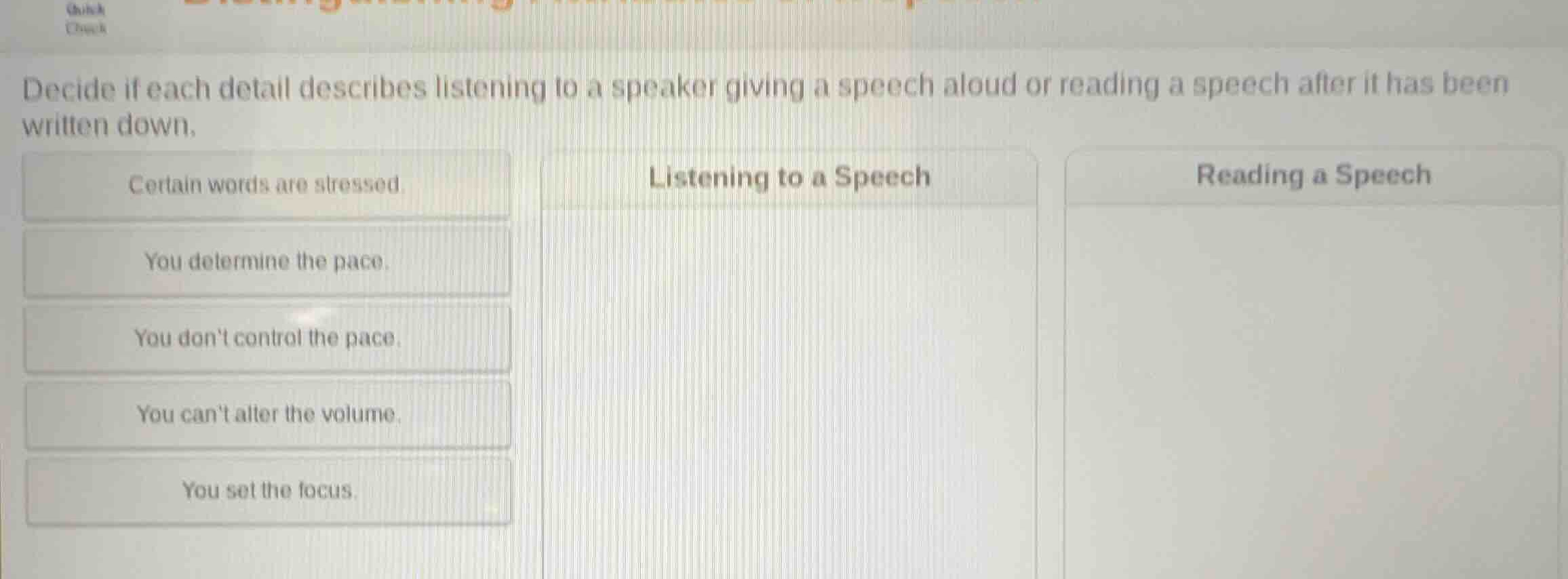 decide if each detail describes listening to a speaker giving a speech …