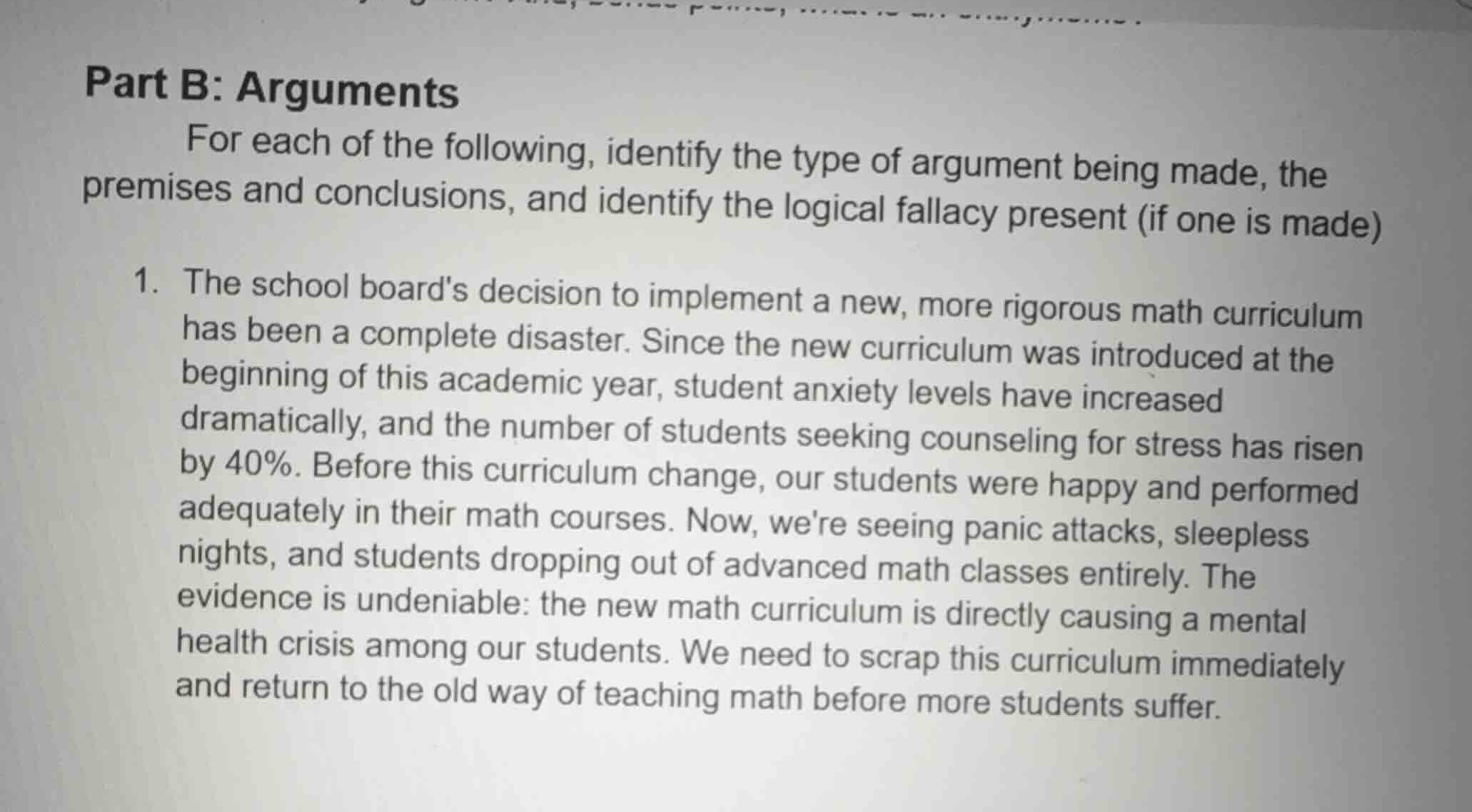 part b: arguments for each of the following, identify the type of argum…