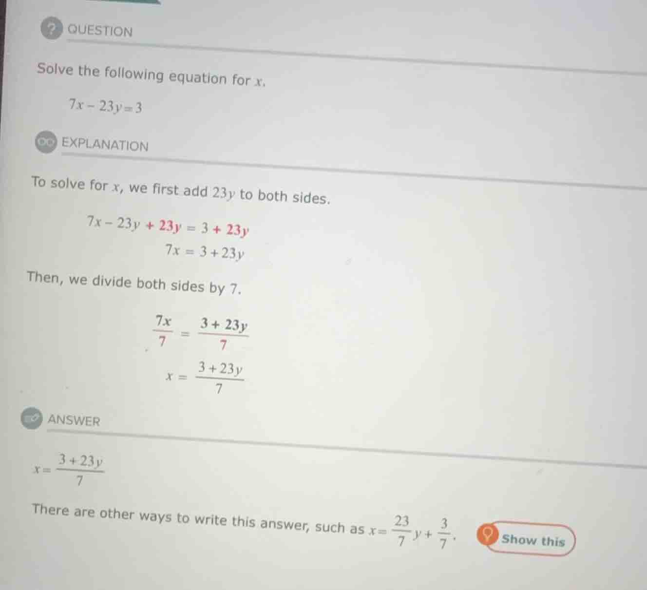 solve the following equation for \\(x\\). \\7x - 23y = 3\\
