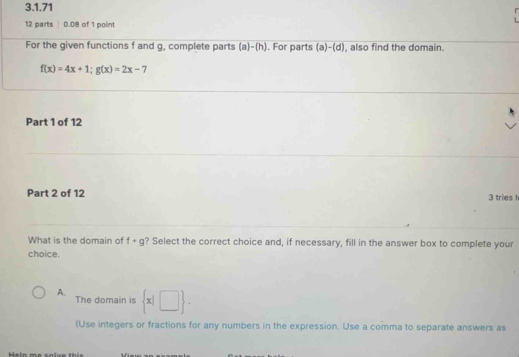 for the given functions f and g, complete parts (a)-(h). for parts (a)-…