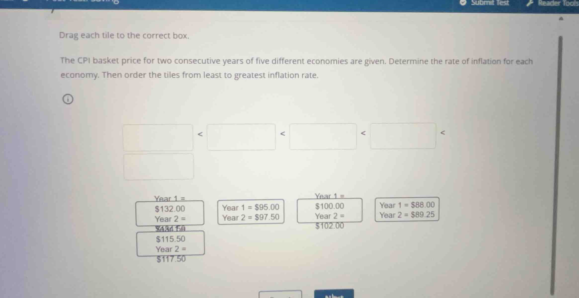 drag each tile to the correct box. the cpi basket price for two consecu…