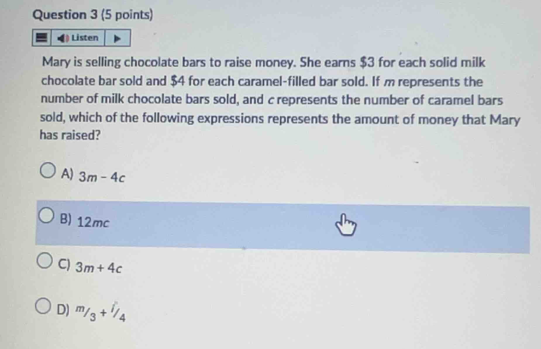question 3 (5 points) mary is selling chocolate bars to raise money. sh…