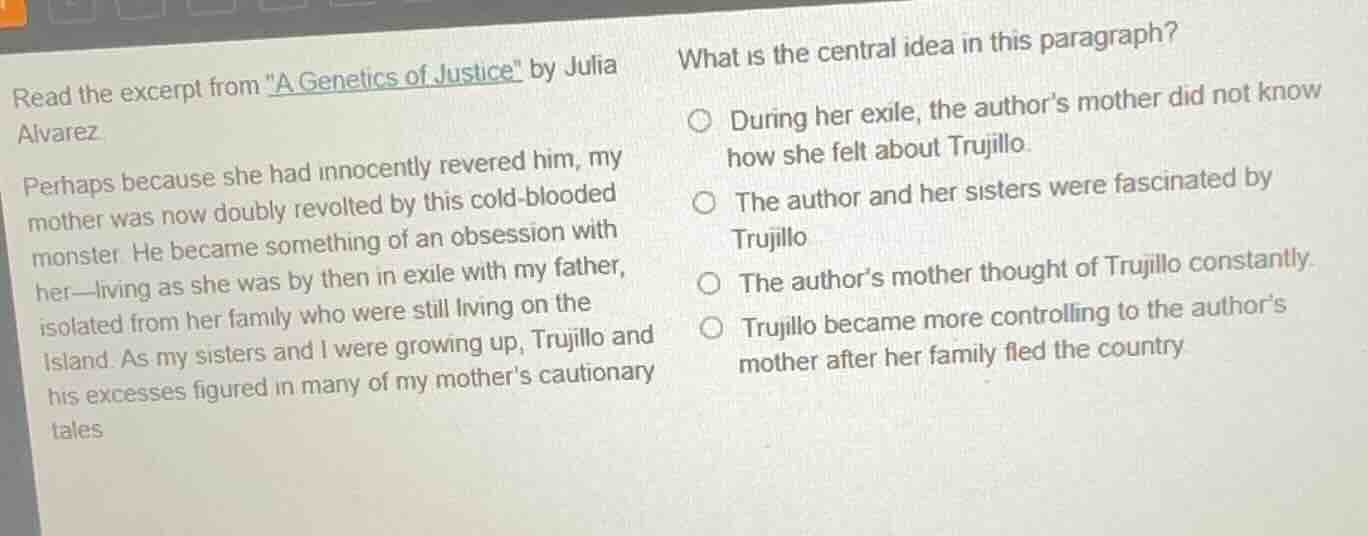 read the excerpt from \a genetics of justice\ by julia alvarez. perhaps…