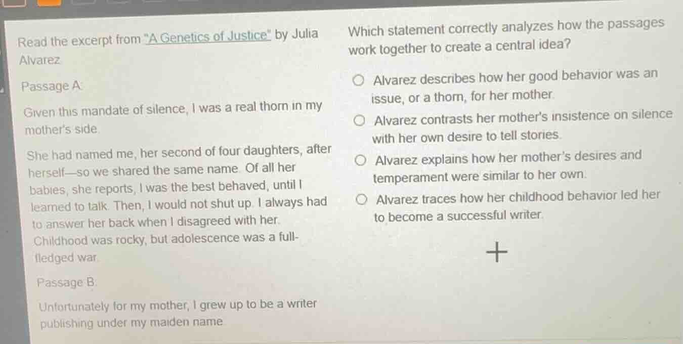 read the excerpt from \a genetics of justice\ by julia alvarez passage …