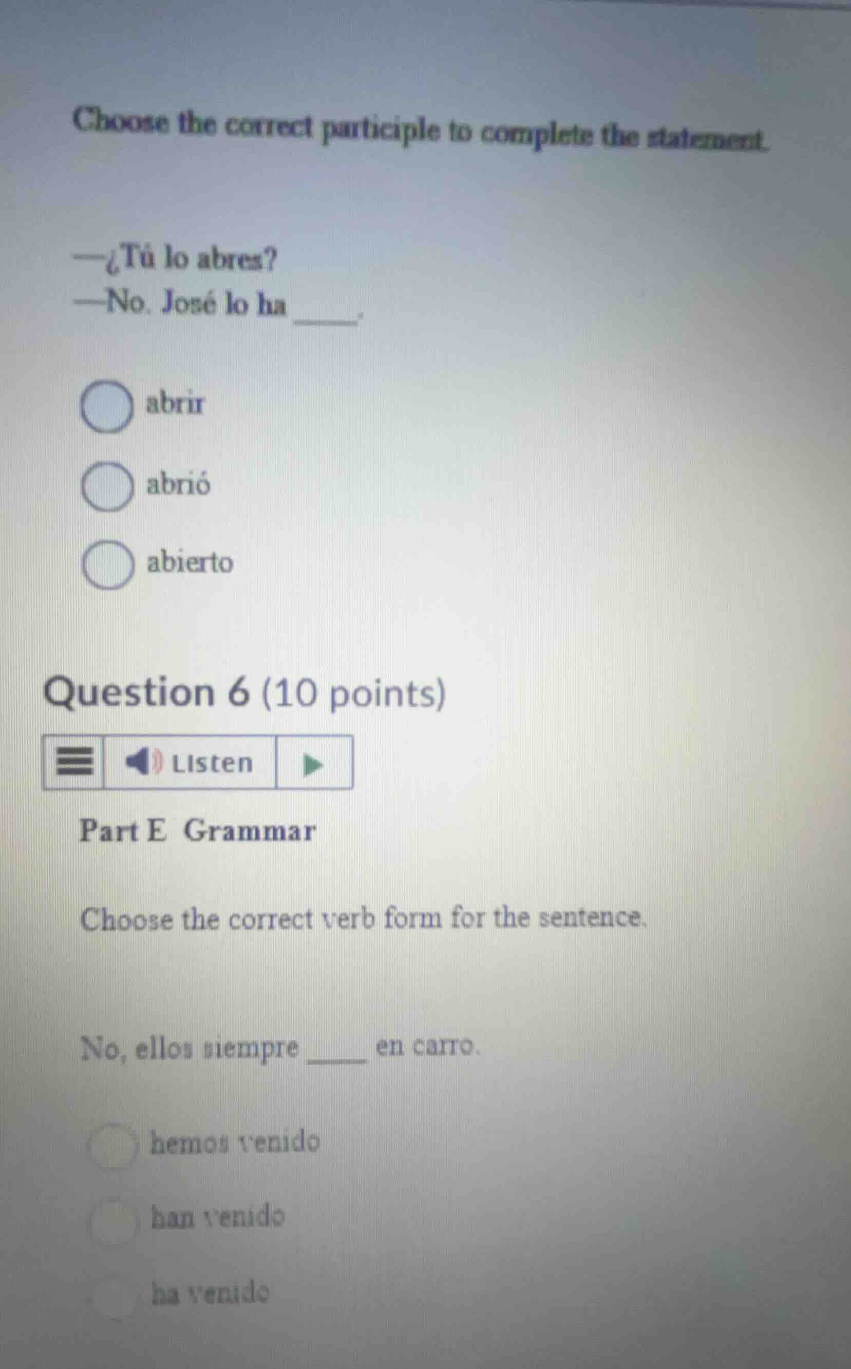 choose the correct participle to complete the statement. -\\(\\text{\\t…