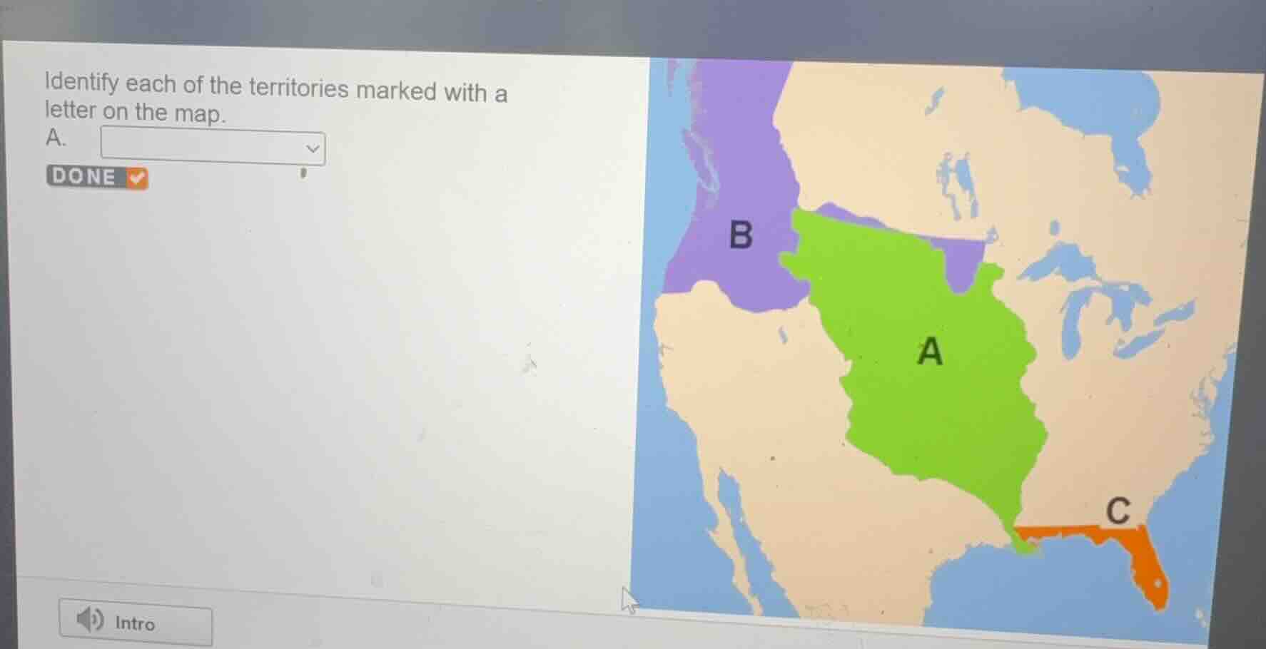 identify each of the territories marked with a letter on the map. a.