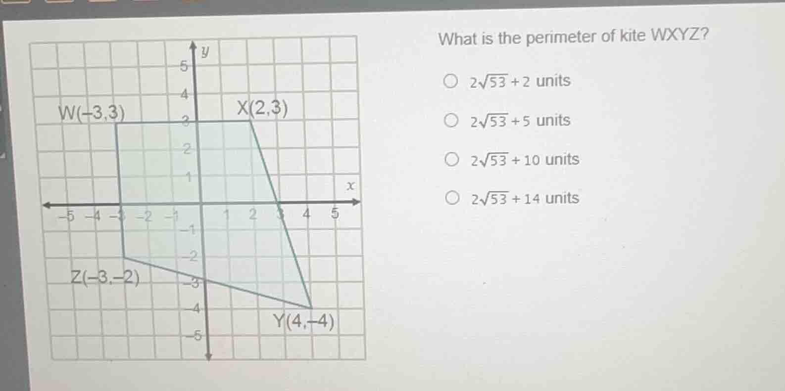 what is the perimeter of kite wxyz? \\(2\\sqrt{53} + 2\\) units \\(2\\s…