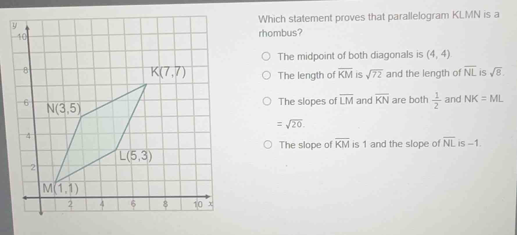 which statement proves that parallelogram klmn is a rhombus? the midpoi…