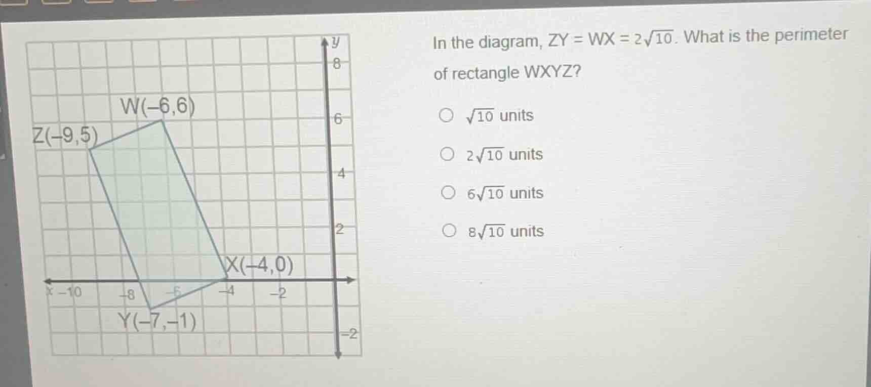 in the diagram, \\(zy = wx = 2\\sqrt{10}\\). what is the perimeter of r…