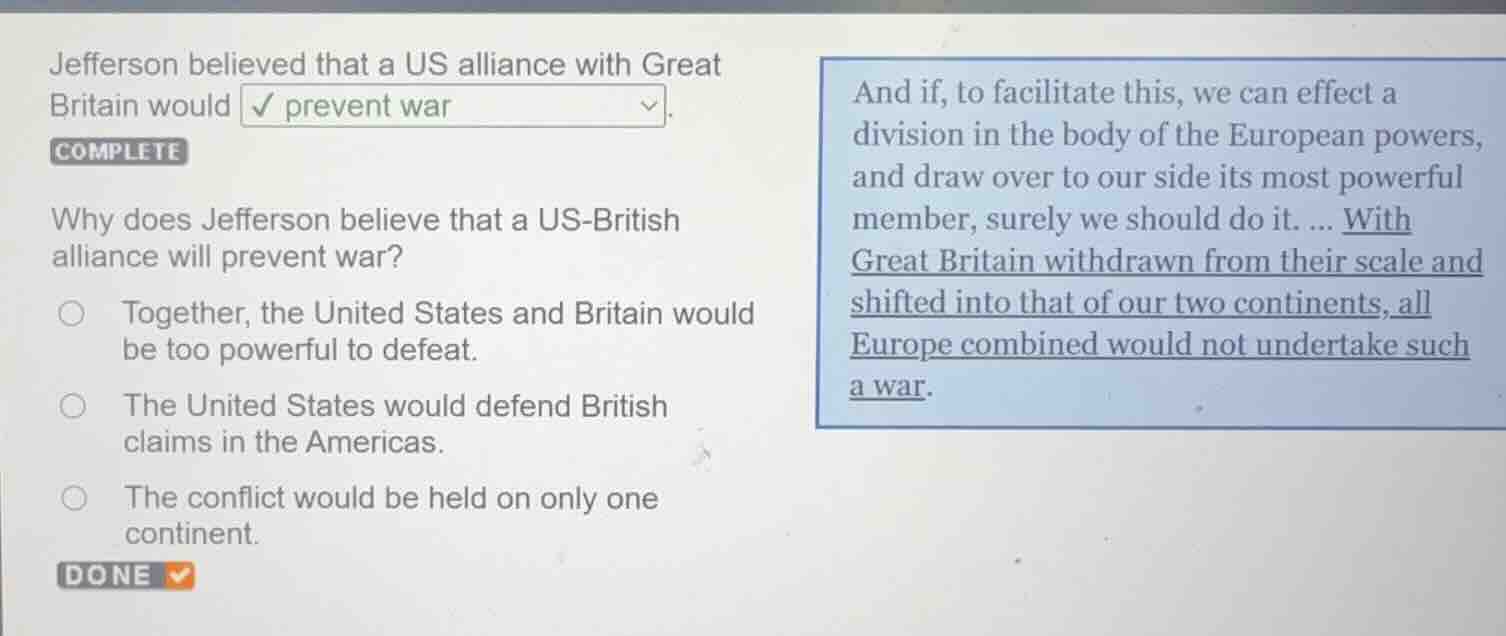 jefferson believed that a us alliance with great britain would prevent …