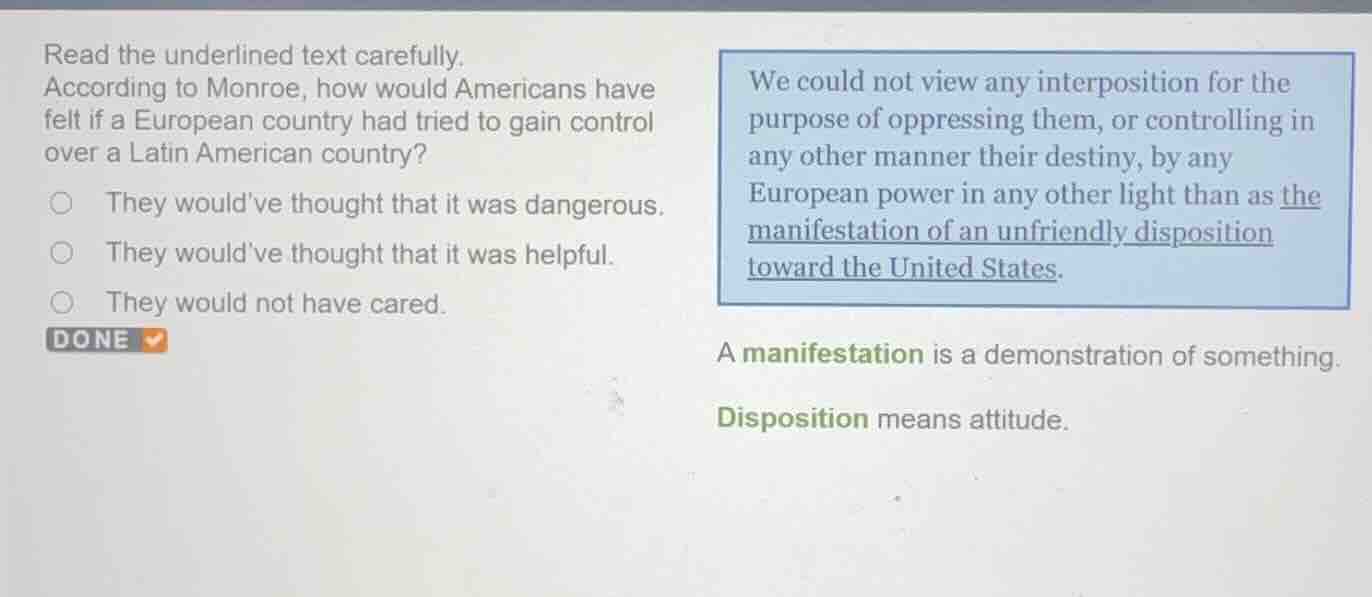read the underlined text carefully. according to monroe, how would amer…