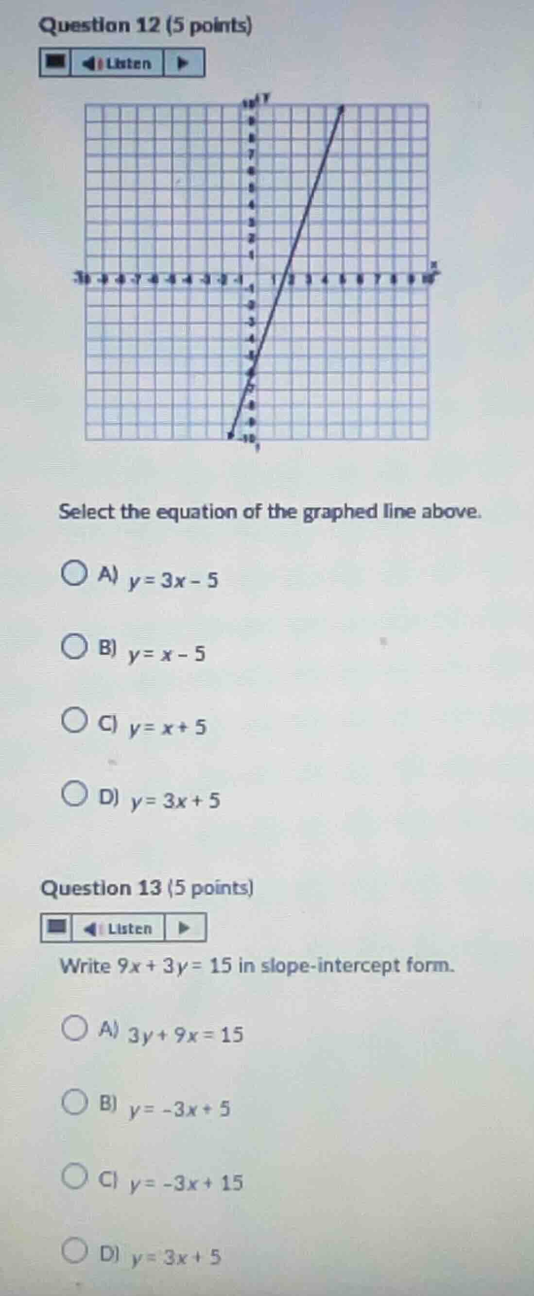 question 12 (5 points) select the equation of the graphed line above. a…