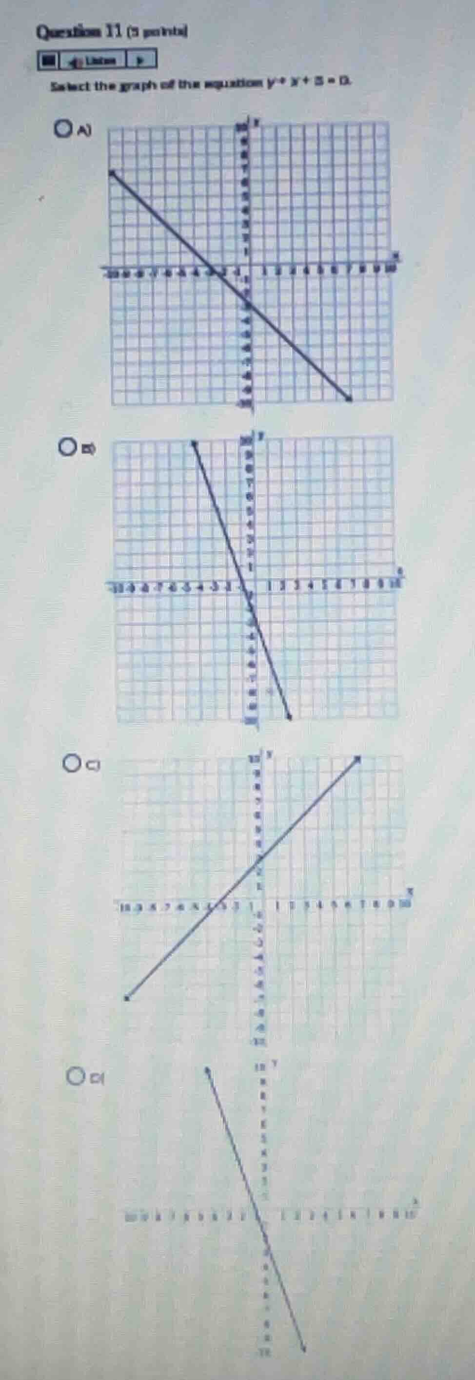question 11 (5 points) select the graph of the equation \\(y + x + 3 = …