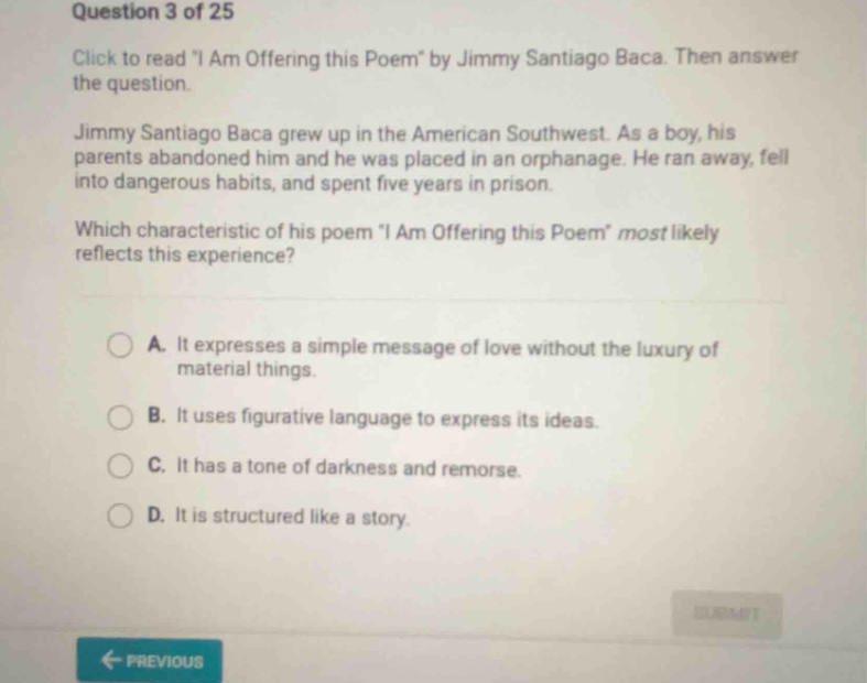 question 3 of 25 click to read \i am offering this poem\ by jimmy santi…