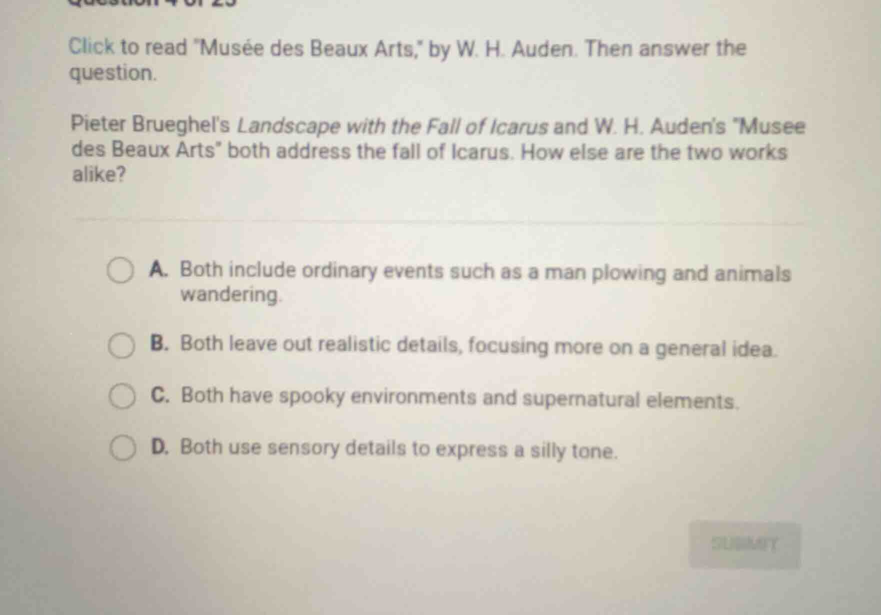 click to read \musée des beaux arts,\ by w. h. auden. then answer the q…