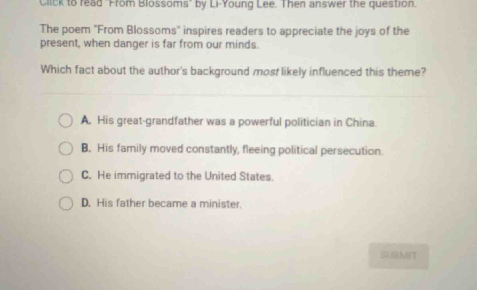 click to read \from blossoms\ by li-young lee. then answer the question…
