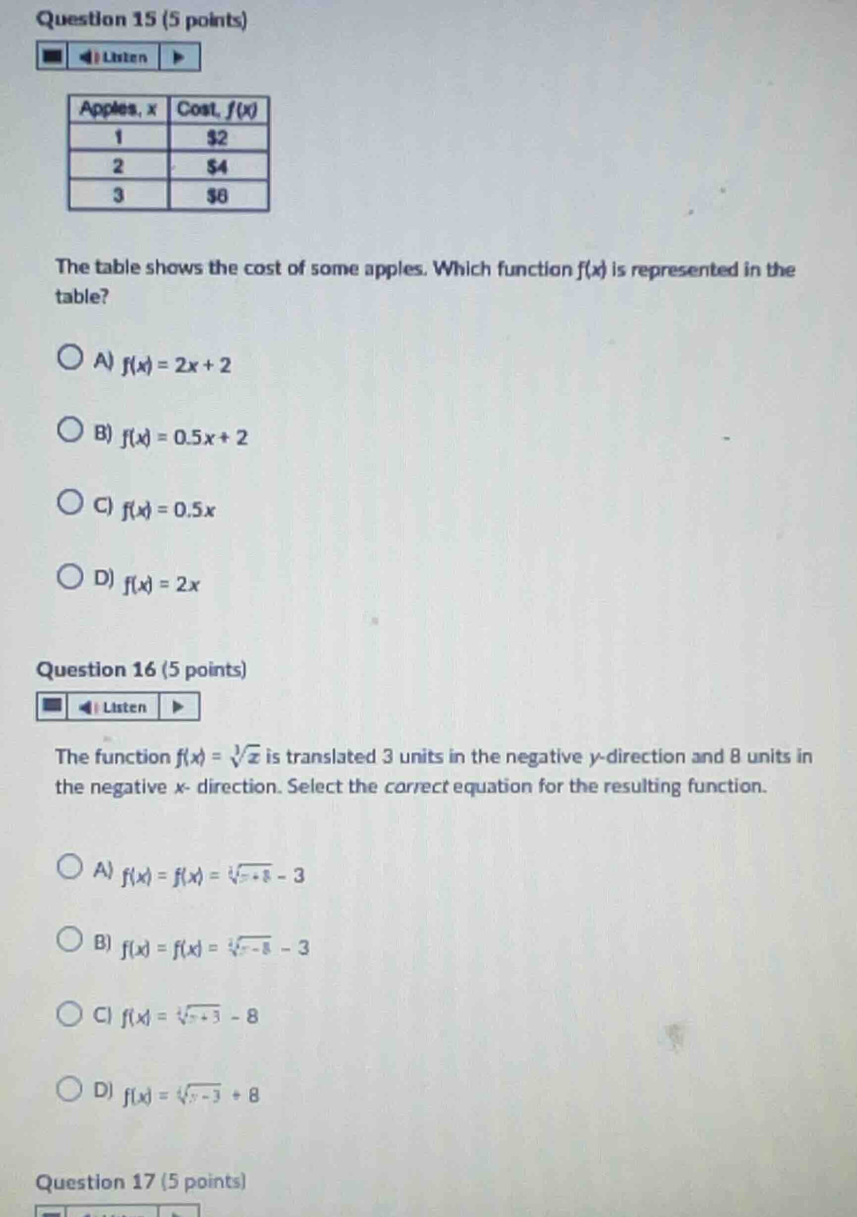 question 15 (5 points) the table shows the cost of some apples. which f…