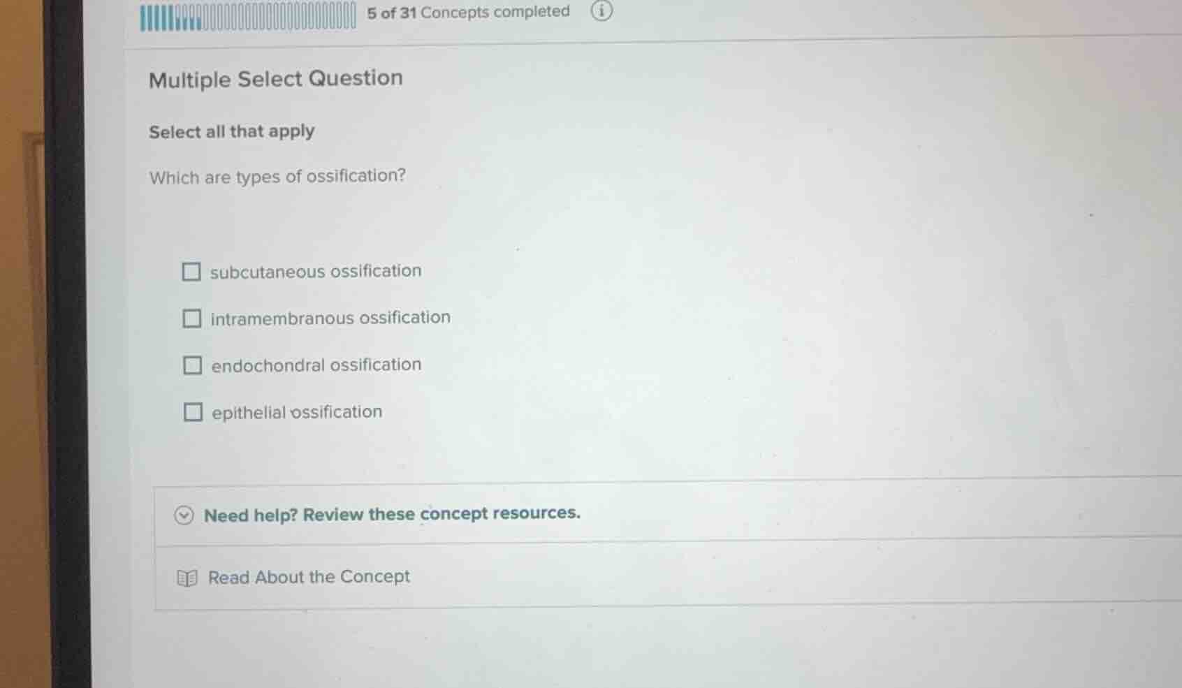 multiple select question select all that apply which are types of ossif…