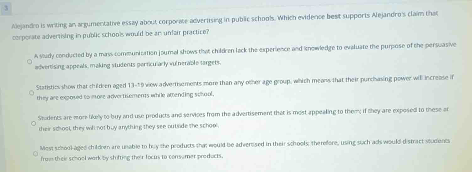 alejandro is writing an argumentative essay about corporate advertising…