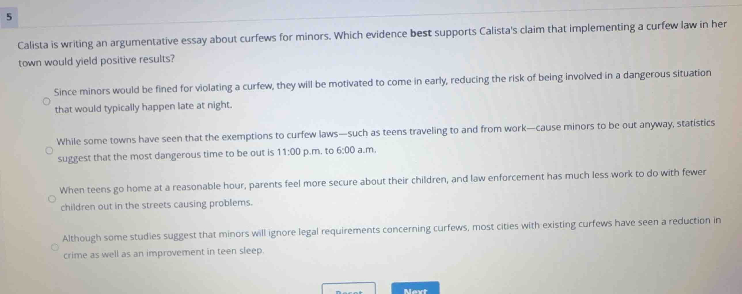 calista is writing an argumentative essay about curfews for minors. whi…