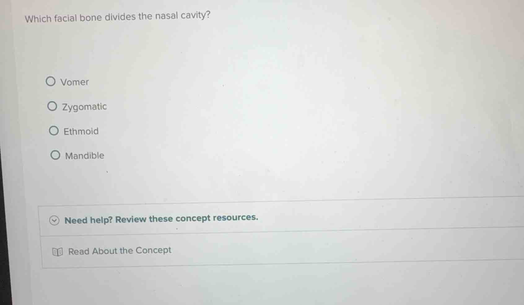 which facial bone divides the nasal cavity? vomer zygomatic ethmoid man…