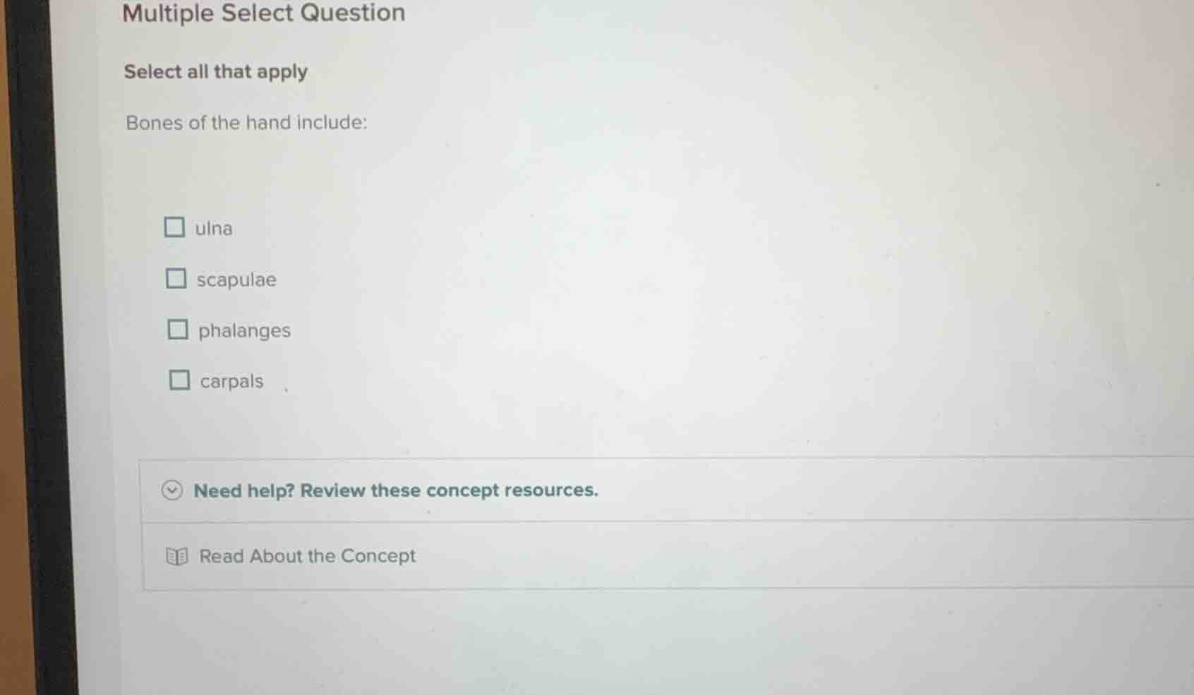 multiple select question select all that apply bones of the hand includ…