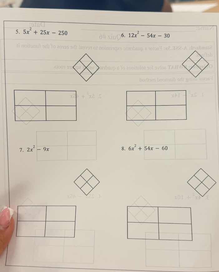 5. \\(5x^2 + 25x - 250\\) 6. \\(12x^2 - 54x - 30\\) 7. \\(2x^2 - 9x\\) …