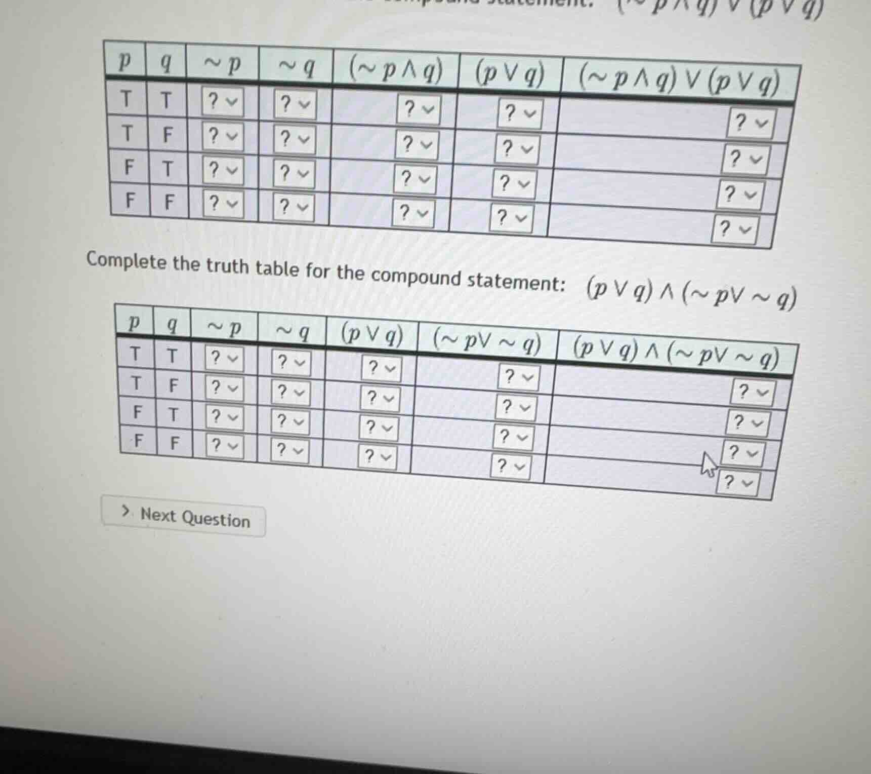 complete the truth table for the compound statement: \\((p \\lor q) \\l…