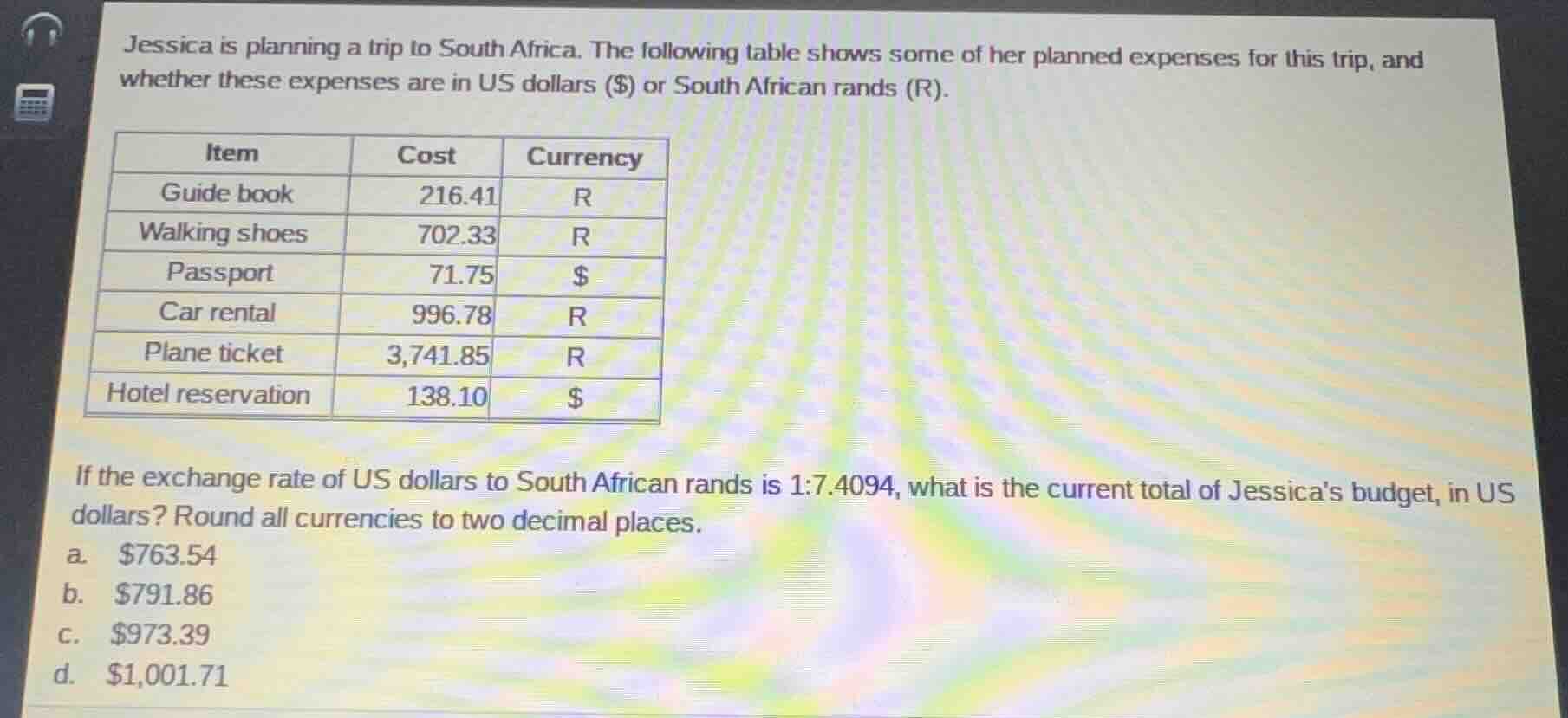 jessica is planning a trip to south africa. the following table shows s…