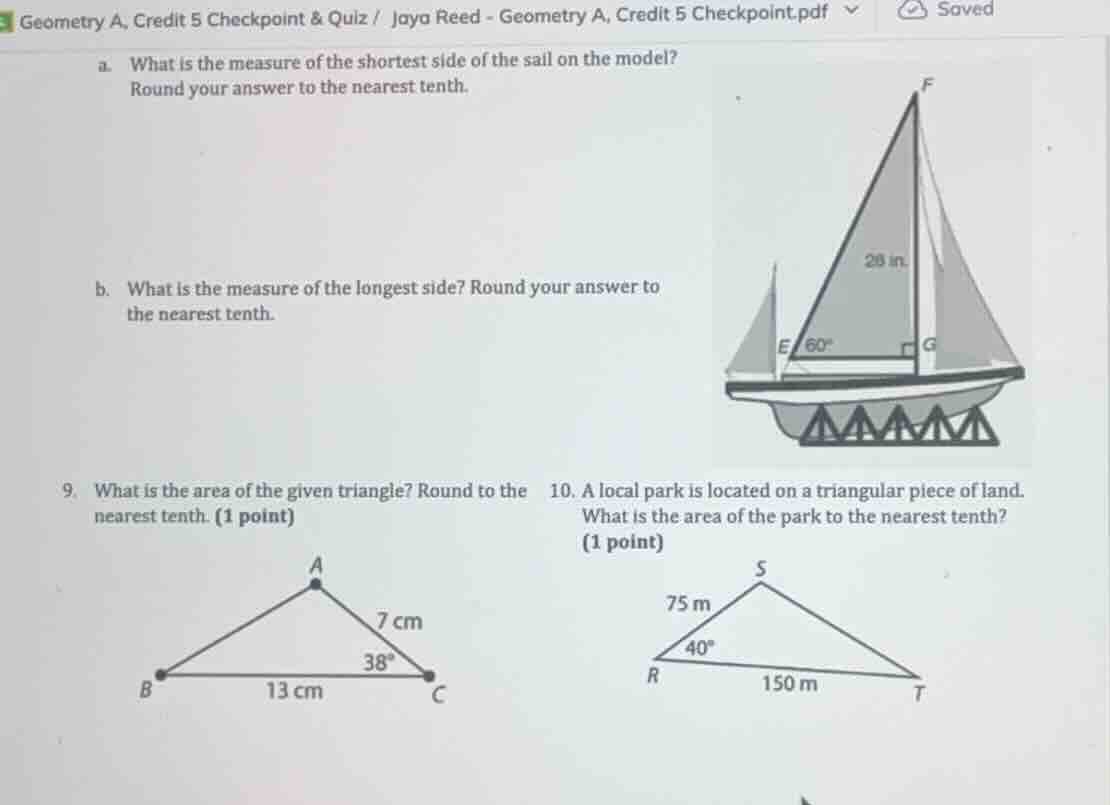 a. what is the measure of the shortest side of the sail on the model? r…
