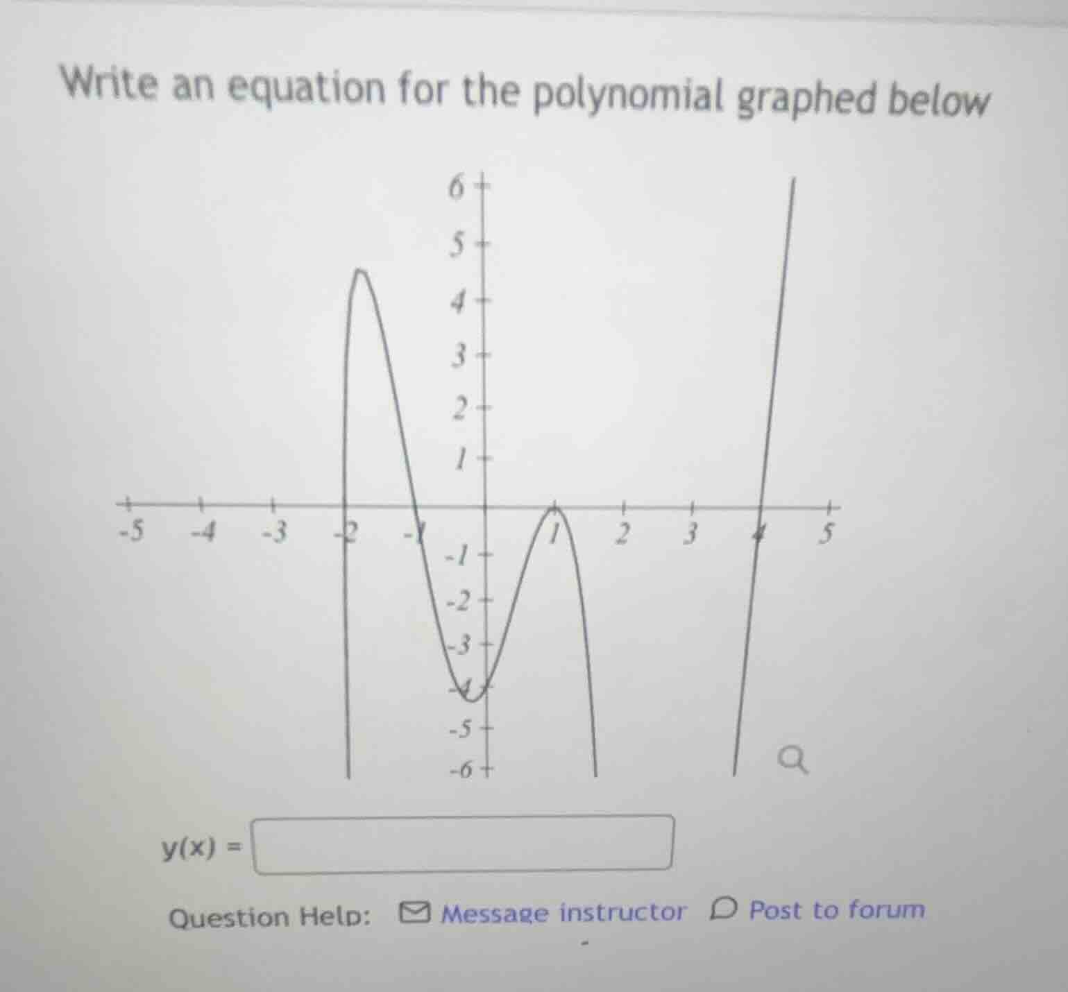 write an equation for the polynomial graphed below \\(y(x) = \\)