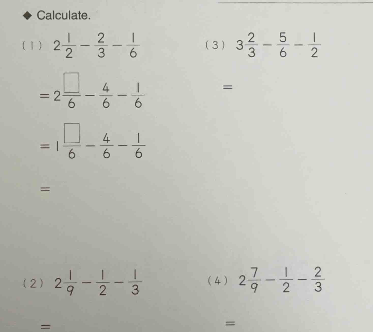 calculate. (1) \\(2\\frac{1}{2} - \\frac{2}{3} - \\frac{1}{6}\\) \\(= 2…
