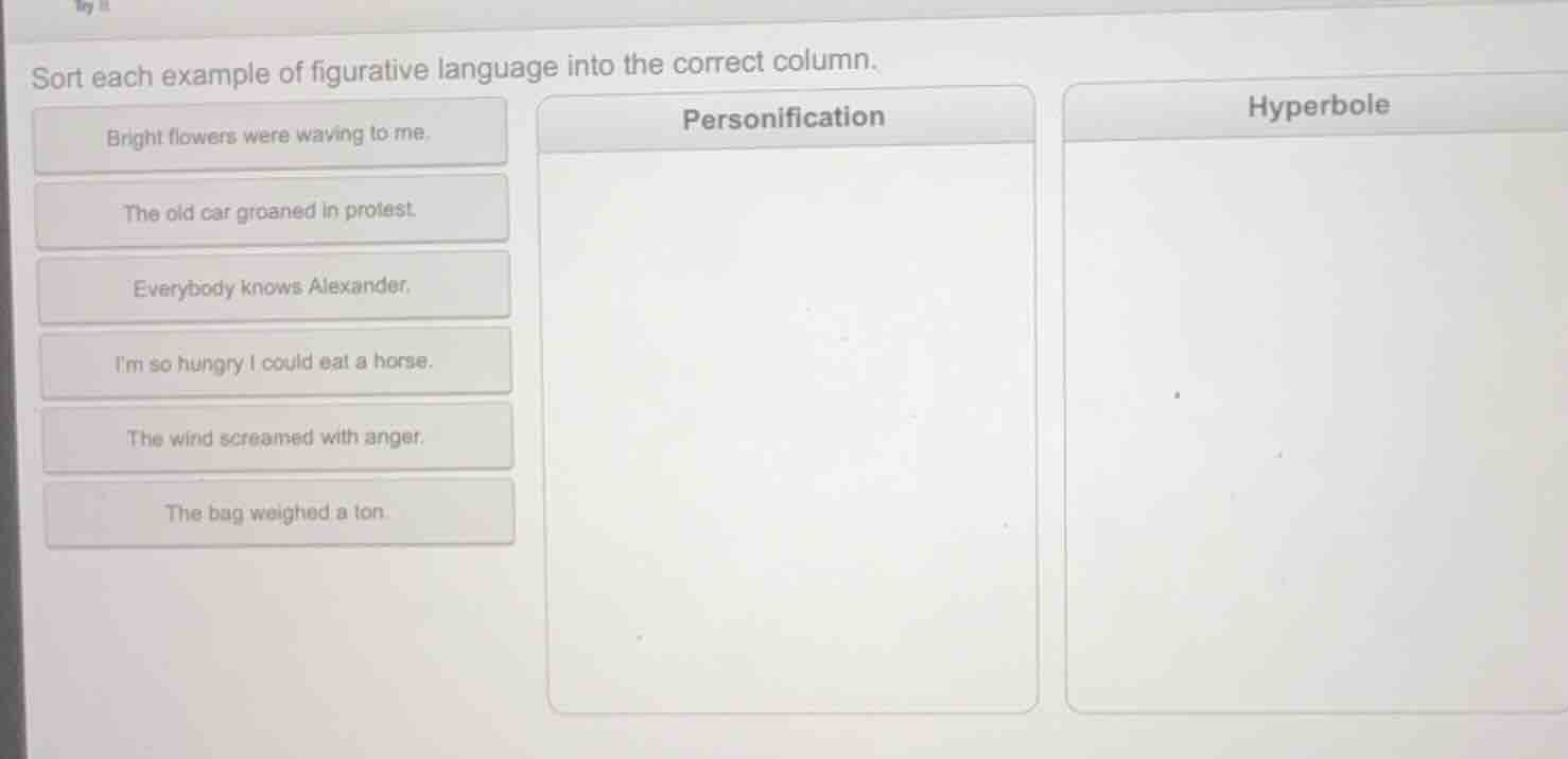 sort each example of figurative language into the correct column. brigh…