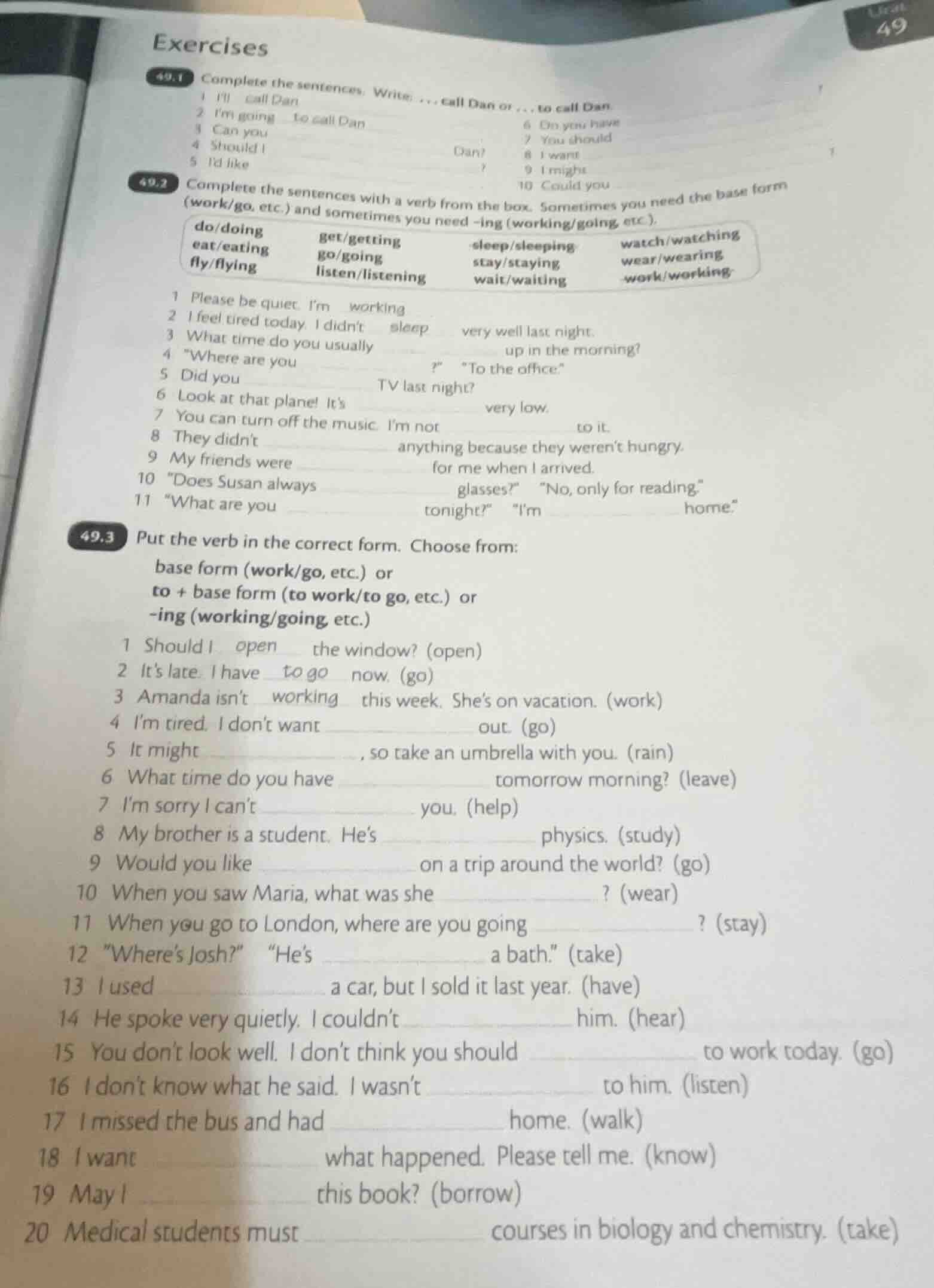 exercises 49.1 complete the sentences. write ... call dan or ... to cal…