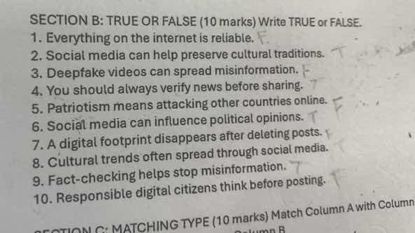 section b: true or false (10 marks) write true or false. 1. everything …