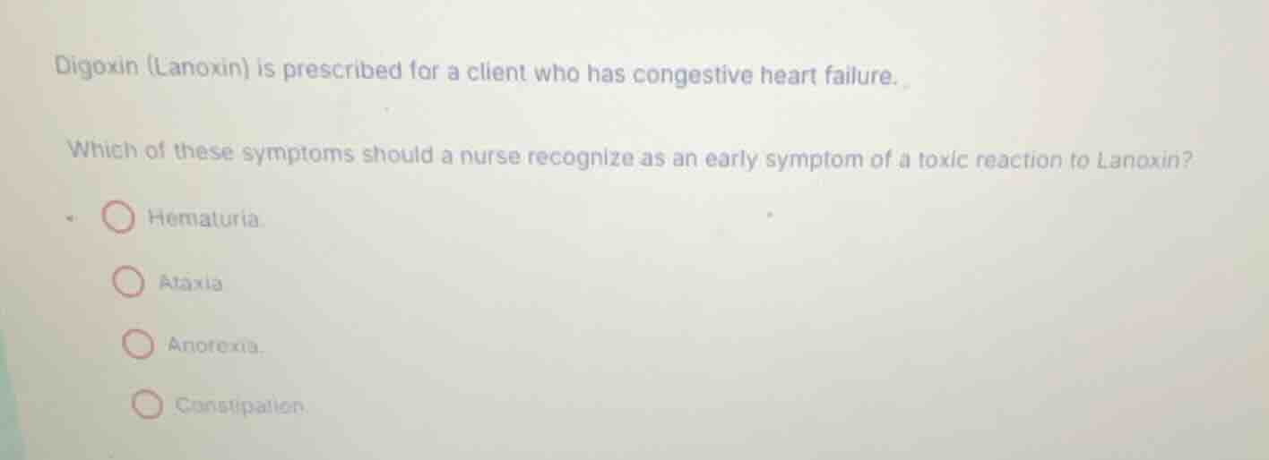digoxin (lanoxin) is prescribed for a client who has congestive heart f…