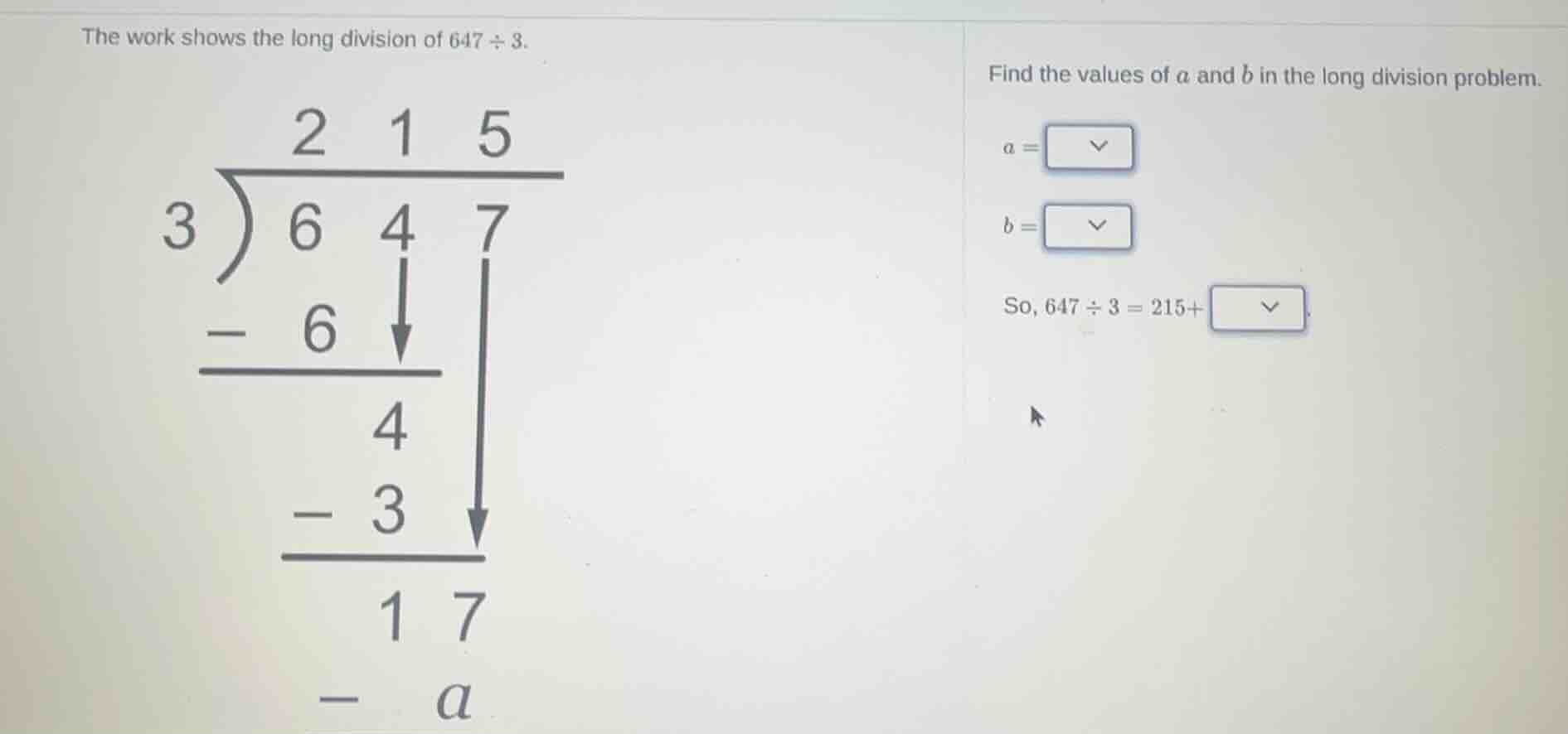 the work shows the long division of \\(647 \\div 3\\). find the values …