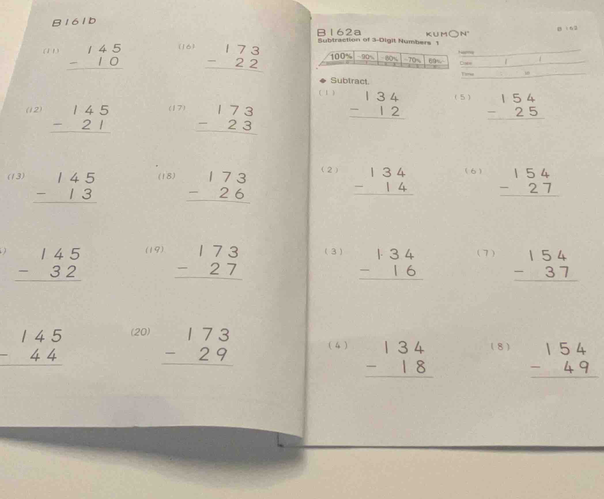 b162a kumon subtraction of 3-digit numbers 1 subtract. (1) \\begin{arra…