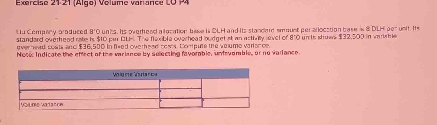 exercise 21-21 (algo) volume variance lo p4 liu company produced 810 un…