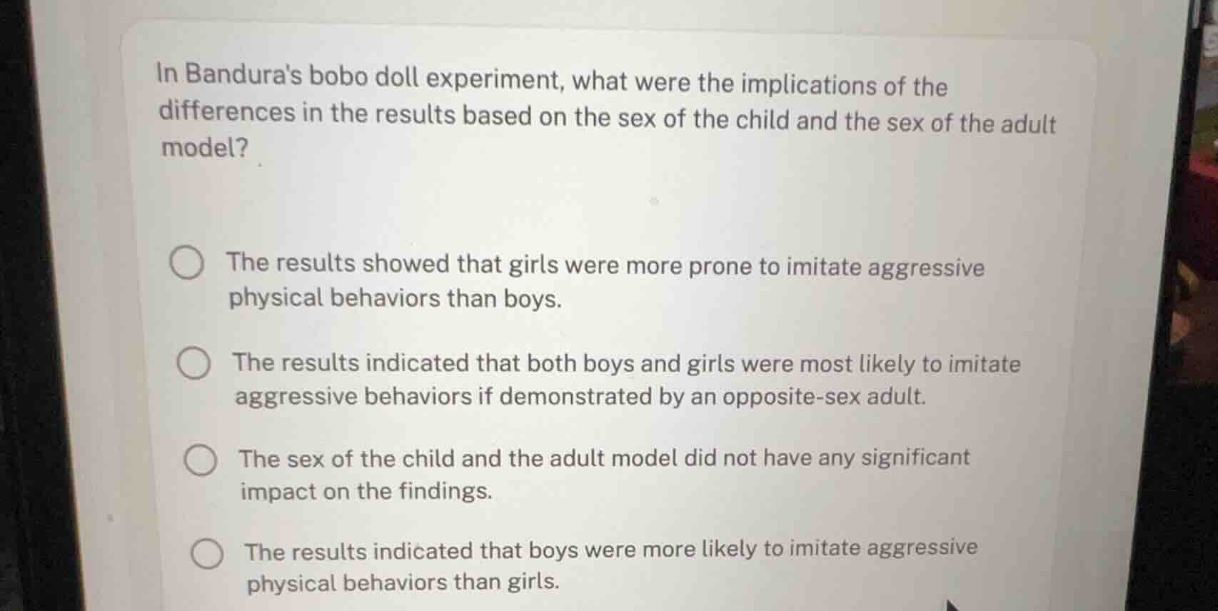 in banduras bobo doll experiment, what were the implications of the dif…