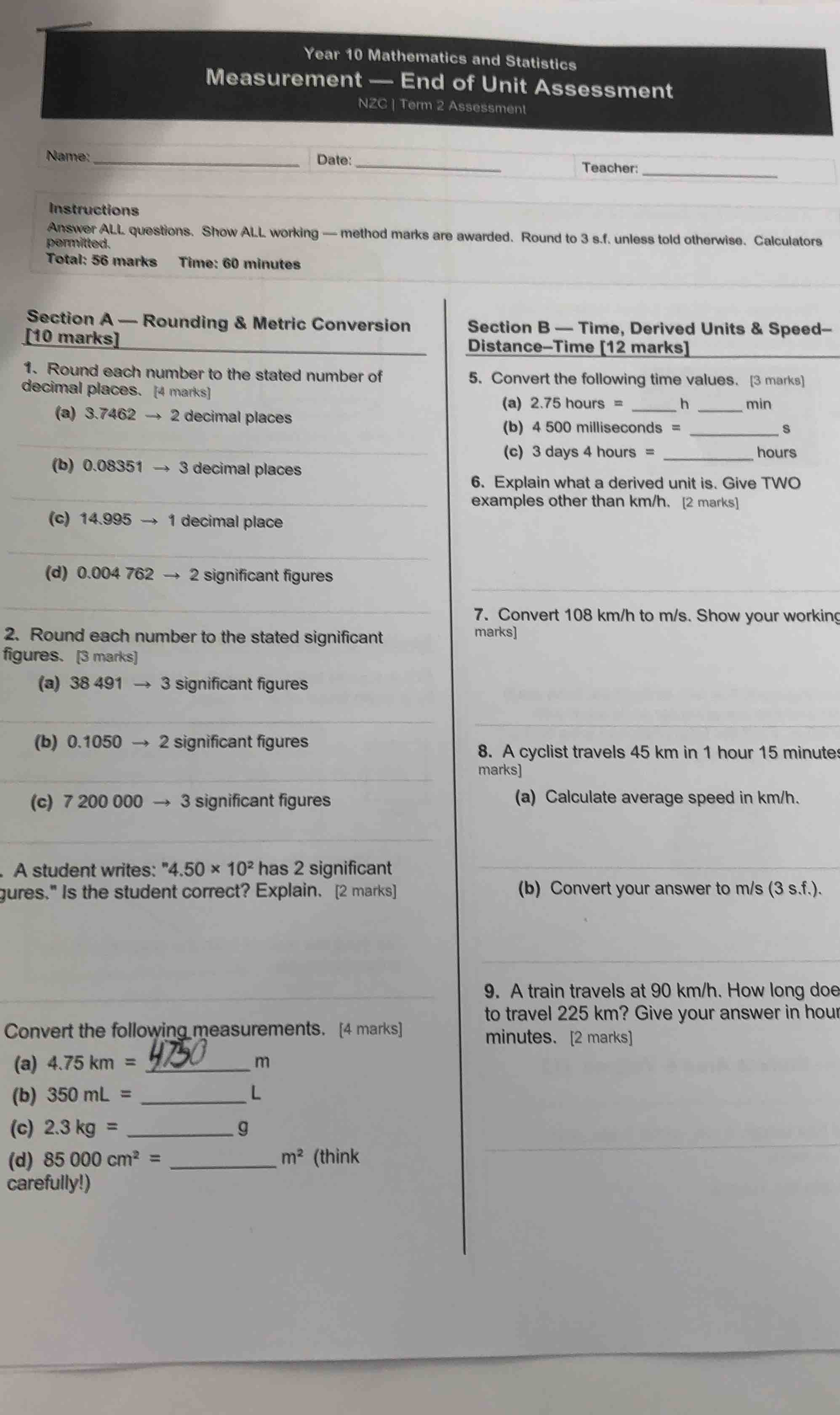 year 10 mathematics and statistics measurement - end of unit assessment…