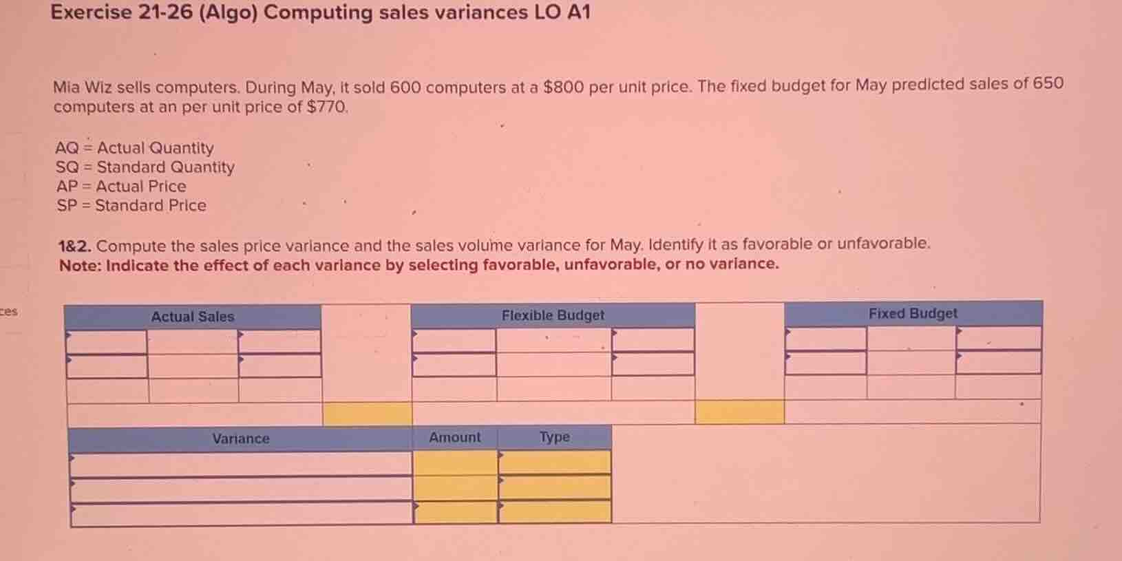 exercise 21-26 (algo) computing sales variances lo a1 mia wiz sells com…