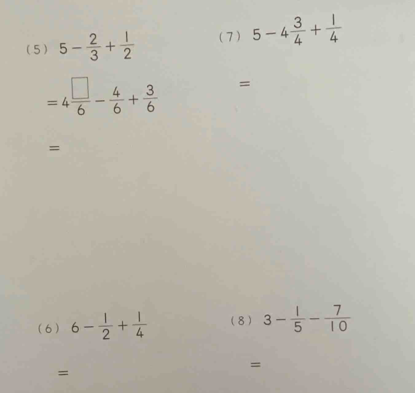 (5) \\(5 - \\frac{2}{3} + \\frac{1}{2}\\) \\(= 4\\frac{\\square}{6} - \…