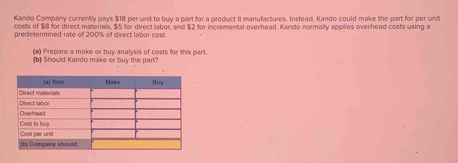 kando company currently pays $18 per unit to buy a part for a product i…