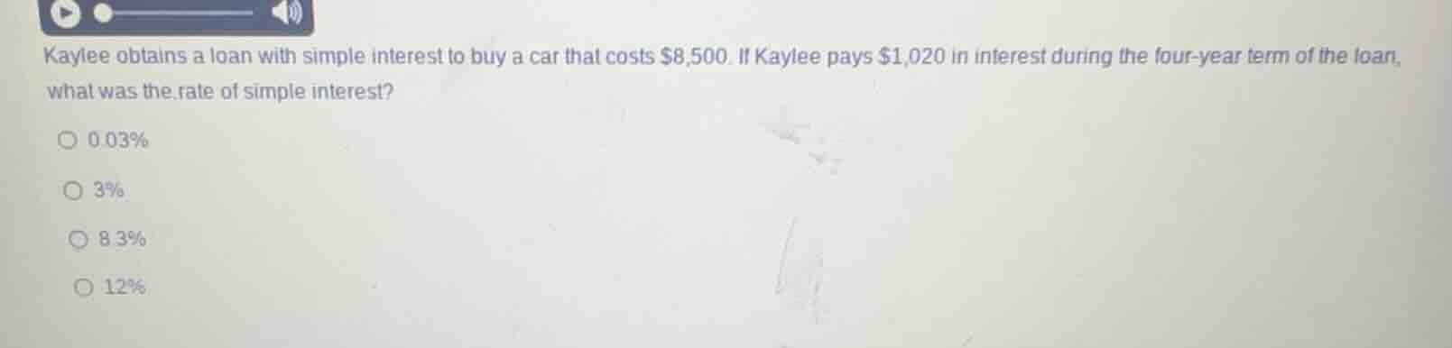 kaylee obtains a loan with simple interest to buy a car that costs \\$8…
